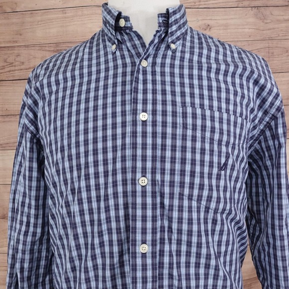 Nautica Other - Nautica Shirt Mens L Blue Plaid Long Sleeve Button-Up 80's Two-Ply Cotton